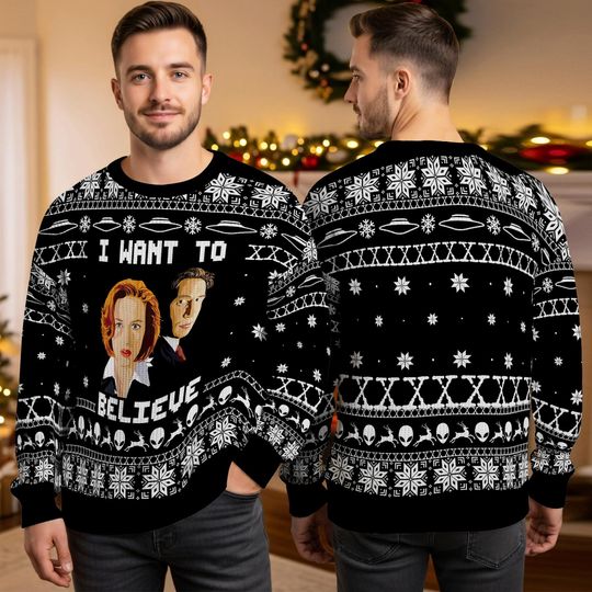 X-Files Ugly Christmas Sweater, I Want To Believe Mulder Scully Sci Fi Holiday Jumper, Christmas Gift 2025, Retro Funny Knit Sweater