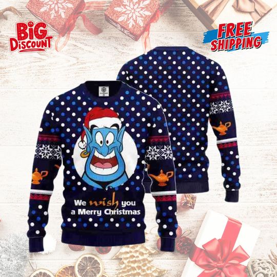 Disneyland Aladdin We Wish You A Merry Christmas Ugly Sweater, All Over Print 3D Ugly Sweater, Disneyworld Family Trip Xmas Party Gift
