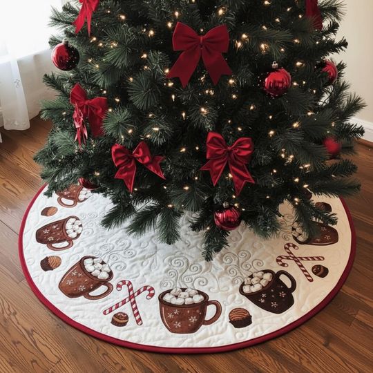 Discover Luxe Hot Cocoa Mug Tree Skirt, Marshmallow & Candy Cane Holiday Decor, White Quilted Xmas Skirt, Cozy Kitchen Christmas Gift