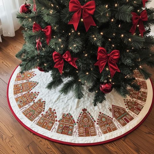 Cozy Gingerbread Village Tree Skirt, Quilted Christmas Houses Decor, White & Brown Holiday Mat, Festive Xmas Cookie Home Decoration