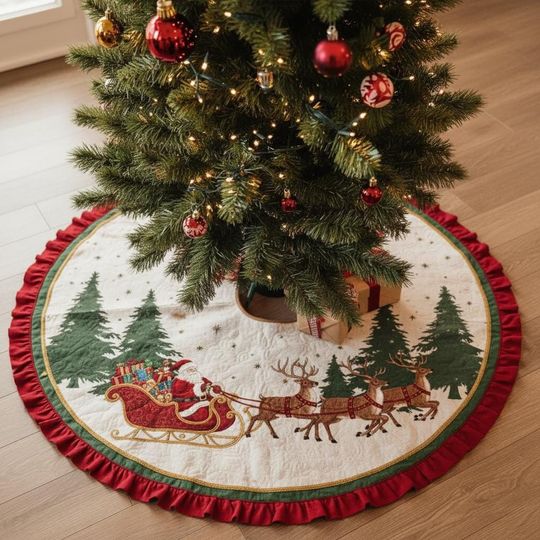 Discover Rustic Woodland Journey Tree Skirt, Santa Sleigh Reindeer Holiday Decor, Ruffled White Green Xmas Skirt, Classic Christmas