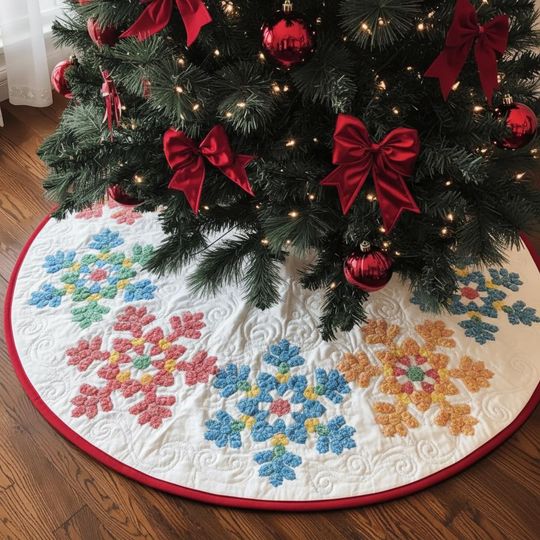 Discover Colorful Quilted Snowflake Christmas Tree Skirt, Bright Gumdrop Crystal Motif Xmas Holiday Decor, Fun Tree Skirt