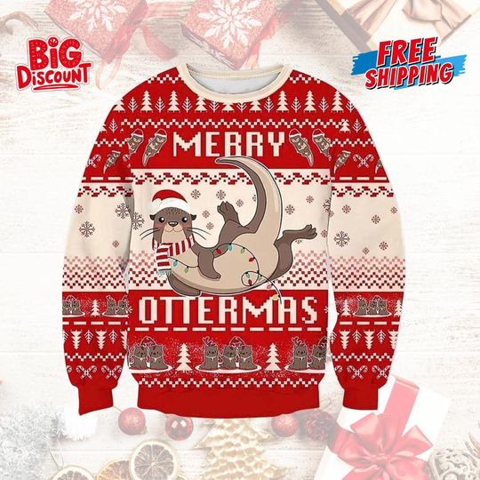 Discover Merry Ottermas Ugly Christmas Sweater, Otter Ugly Christmas Sweater, Santa Otter Shirt, Sea Animal Holiday Sweater, Christmas Gifts