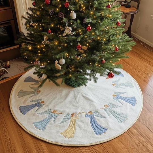 Discover Angelic Host Christmas Tree Skirt, Embroidered White Blue Angel Proclamation Xmas Decor, Religious Tree Skirt