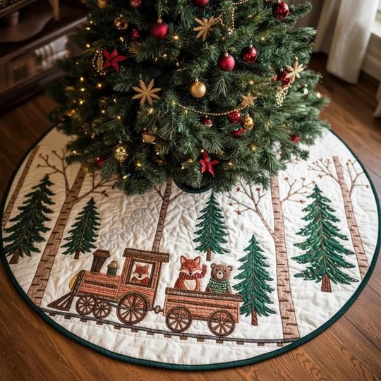Discover Woodland Animal Christmas Tree Skirt, Quilted Holiday Express Train Design Xmas Decor, Rustic Forest Tree Skirt