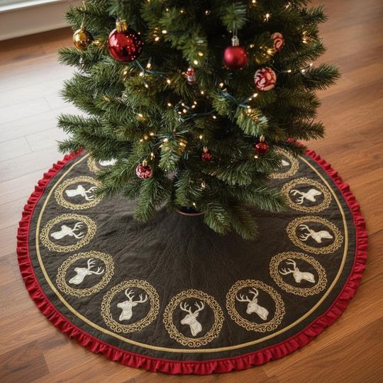Discover Regal Reindeer Medallions Christmas Tree Skirt, Brown Gold White Embroidered Xmas Decor, Ruffled Holiday Skirt