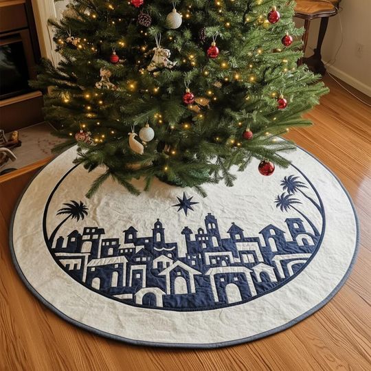 Nativity Village Tree Skirt, White & Navy Blue Townscape Silhouette Xmas Skirt, O Little Town Holiday Decor