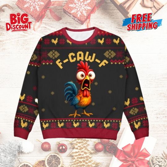 Discover Chicken F-Caw-F Ugly Christmas Sweater, Crazy Chicken Xmas Holiday Sweater, Funny Xmas Party Sweater, Christmas Matching Gift