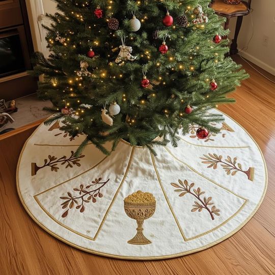 Discover Gifts of the Magi Christmas Tree Skirt, White Gold Embroidered Nativity Xmas Decor, Traditional Holiday Tree Skirt