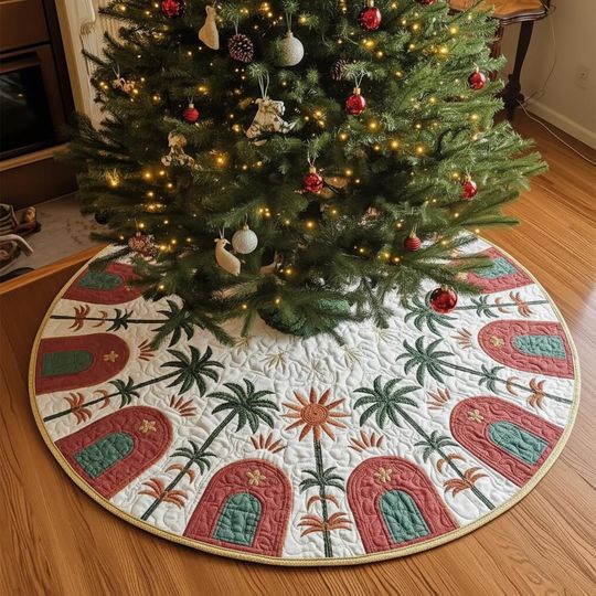 Discover Boho Desert Sanctuary Christmas Tree Skirt, Palm Tree Archway Quilted Holiday Decor, Southwest Style Tree Skirt