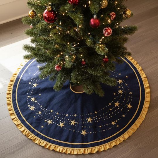 Discover Navy Blue Christmas Tree Skirt, Gold Stardust Trail Star Embroidery Xmas Decor, Ruffled Edge Holiday Tree Skirt