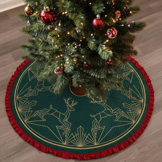 Discover Art Deco Reindeer Christmas Tree Skirt, Emerald Green Gold Sleigh Design Xmas Decor, Quilted Holiday Tree Skirt