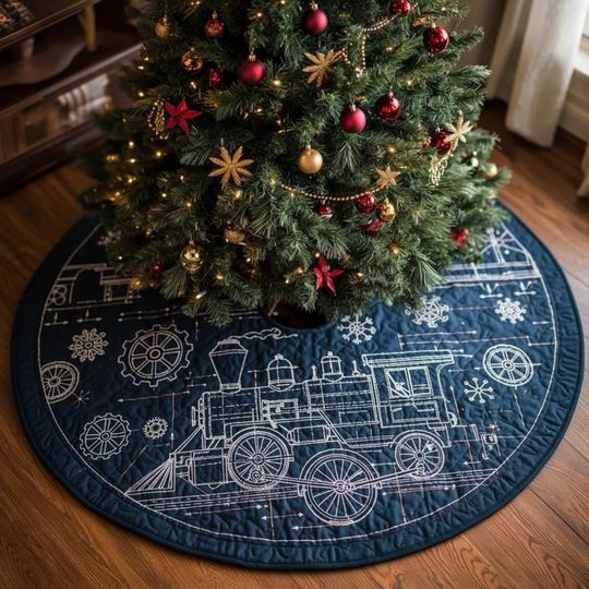 Discover Blueprint Train Tree Skirt, Navy Blue & White Engineer Christmas Decor, Quilted Holiday Engine Tree Mat