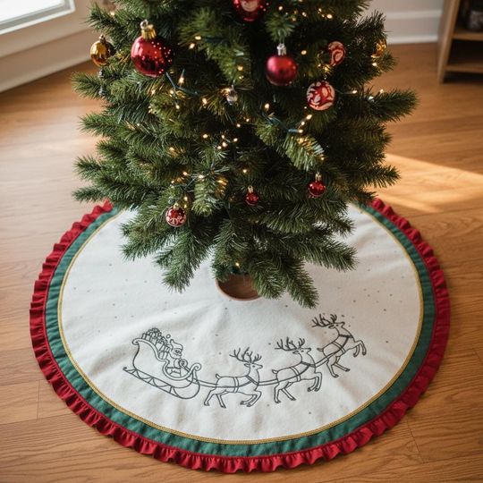 Discover Minimalist Reindeer Sleigh Tree Skirt, White & Red Outline Christmas Decor, Green Ruffle Holiday Tree Skirt