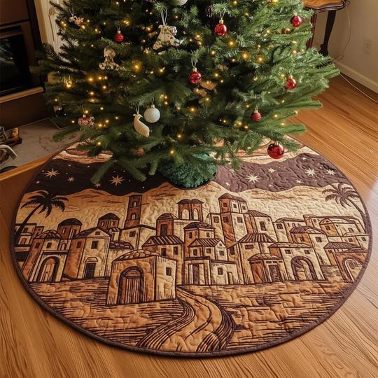 Quilted Bethlehem Town Tree Skirt, Nativity Scene Christmas Tree Skirt, Brown & Tan Biblical Holiday Decor