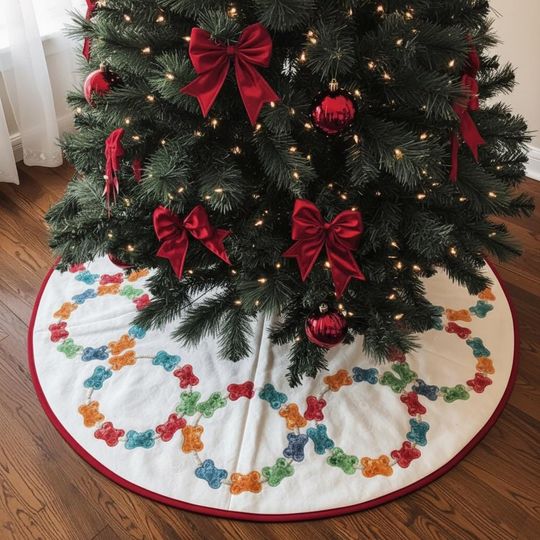 Gummy Bear Holiday Parade Tree Skirt, Colorful Quilted Candy Theme Decor, White & Red Novelty Xmas Skirt, Sweet Treat Gift