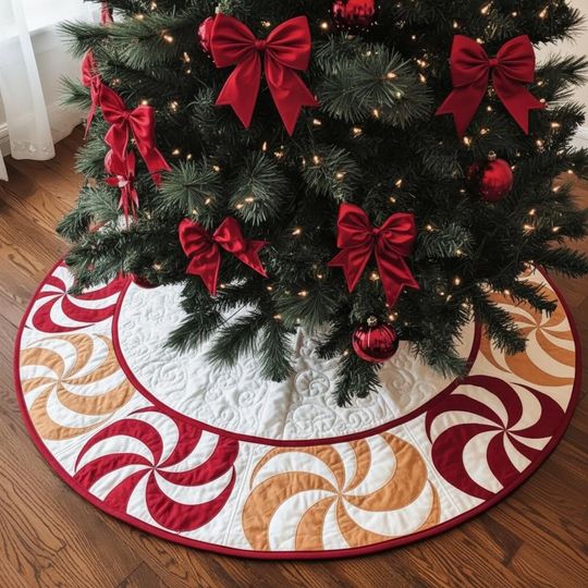 Discover Groovy Peppermint Swirl Tree Skirt, Retro Red & White Candy Cane Holiday Decor, Quilted Cotton Xmas Skirt for Sweet Christmas Theme