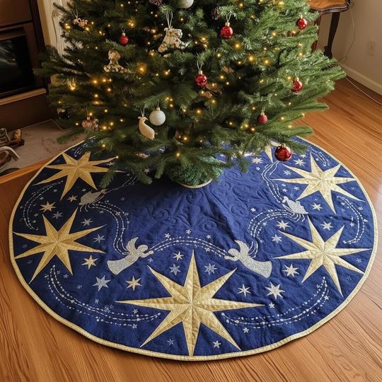 Guiding Star Celestial Sky Tree Skirt, Navy Blue & Gold Christmas Angel Decor, Luxury Embroidered Holiday Star Skirt
