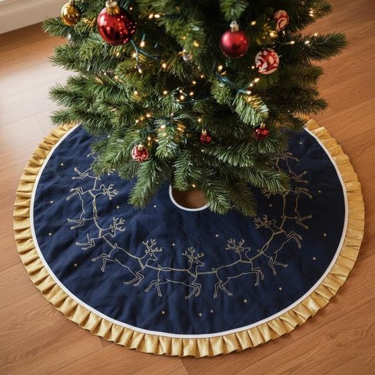 Discover Gilded Midnight Sleigh Ride Tree Skirt, Elegant Navy Blue & Gold Reindeer Christmas Decor, Quilted Luxe Ruffled Edge Holiday Skirt