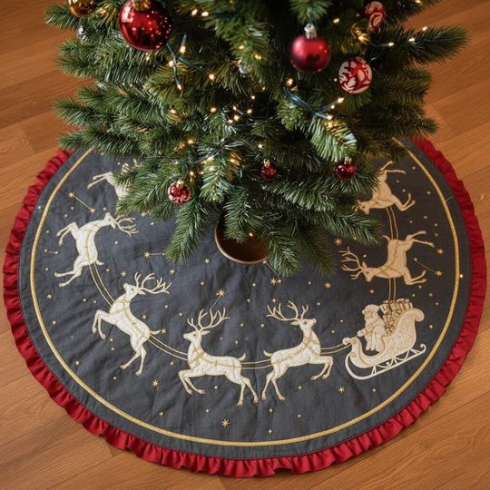 Discover Reindeer Sleigh Christmas Tree Skirt, Dark Gray Constellation Xmas Decor, Red Ruffle Holiday Skirt