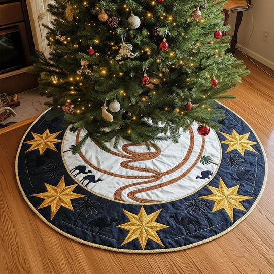 Star of Bethlehem Journey Tree Skirt, Three Kings Camel Desert Decor, Navy Blue & Gold Quilted Holiday Skirt, Wise Men Gift