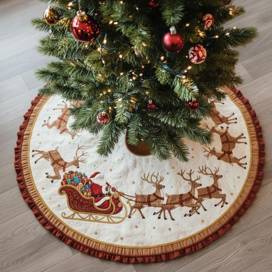Discover Retro Reindeer Rendezvous Tree Skirt, Vintage Santa Sleigh & Flying Deer Holiday Decor, Classic Cream and Red Christmas Decoration