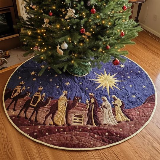 Journey of the Magi Christmas Tree Skirt, Quilted Three Kings Nativity Scene, Blue & Gold Biblical Xmas Decor