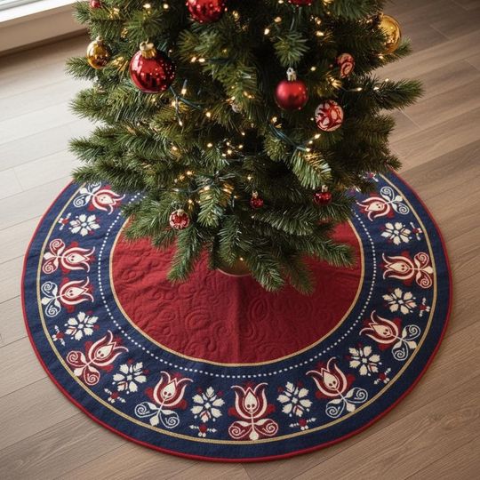 Discover Nordic Folk Art Flight Tree Skirt, Red & Blue Dala Horse Pattern Decor, Traditional Quilted Holiday Skirt, Scandinavian Xmas Gift