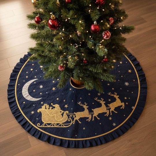 Midnight Sparkle Sleigh Ride Tree Skirt, Navy Blue Gold Glitter Christmas Decor, Embroidered Santa & Moon Holiday Skirt