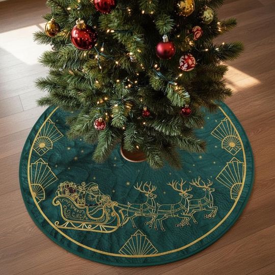 Discover Art Deco Reindeer Sleigh Tree Skirt, Dark Green & Gold Gilded Christmas Decor, Elegant Velvet Xmas Skirt