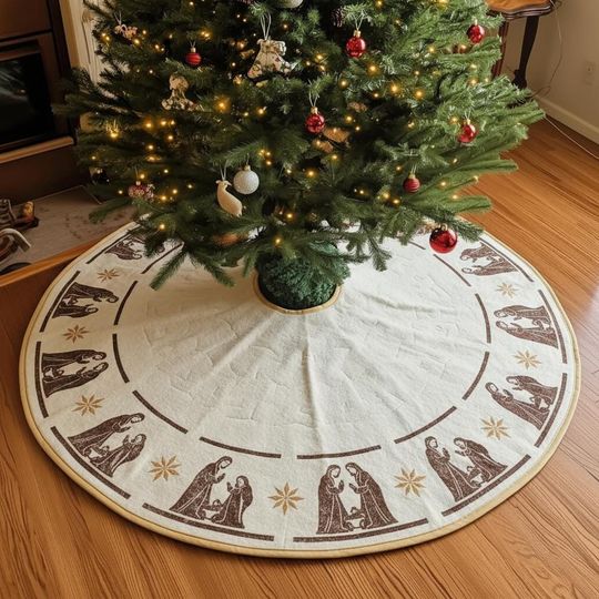 Holy Family Silhouette Ring Tree Skirt, Nativity Scene Cream Linen Christmas Decor, Religious Xmas Skirt for Traditional Holiday