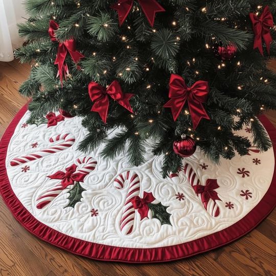 Discover Peppermint Swirl Metallic Dream Tree Skirt, Quilted Candy Cane & Holly Christmas Decor, Red White Traditional Holiday Mat