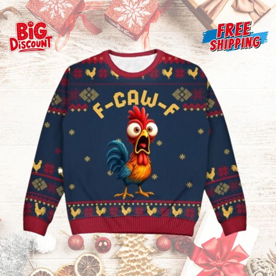 Discover F-Caw-F Ugly Christmas Sweater, Crazy Chicken Xmas Holiday Sweater, Funny Xmas Party Sweater, Christmas Matching Gift