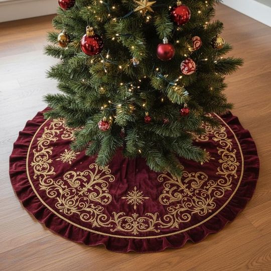 Discover Velvet Burgundy Christmas Tree Skirt, Gold Embroidered Scrollwork Holiday Decor, Ruffled Edge Xmas Tree Skirt