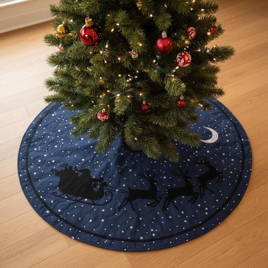 Starry Night Silhouette Tree Skirt, Santa & Reindeer Sleigh Flight Decor, Navy Blue Quilted Xmas Skirt, Classic Holiday Gift