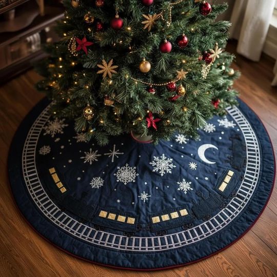 Discover Midnight Starlight Express Tree Skirt, Navy Blue Train & Snowflakes Christmas Decor, Quilted Holiday Skirt, Unique Xmas Gift