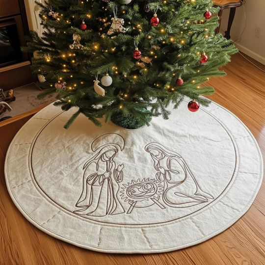 Discover Modern Sacred Nativity Tree Skirt, Minimalist Line Art Christmas Decor, Cream Linen Holy Family Xmas Skirt, Religious Holiday Gift