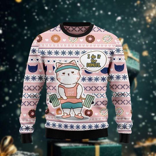 Discover Fitness Donut Cat Ugly Christmas Sweater for Women, Cat Holiday Sweaters women