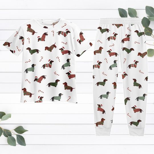 Dachshund Dog Christmas Pajama Set, Sausage Dog Holiday Sleepwear, Pet Love Loungewear, Cute Dog Midnight T-Shirt and Pants