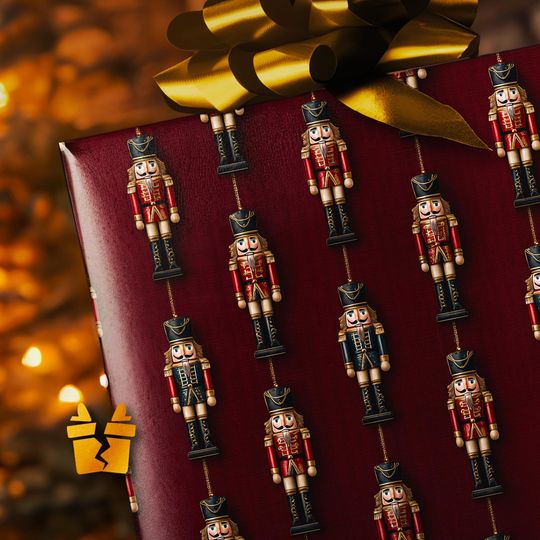 Discover Nutcracker Christmas Wrapping Paper - Classic Holiday Gift Wrap with Vintage Toy Soldiers on Deep Red Linen Background