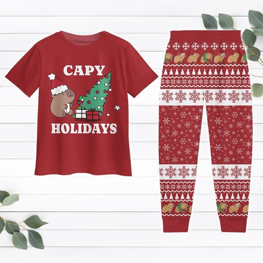 Capybara Christmas Pajamas Set, Holiday Animal Women’s Sleepwear, Capybara Lover T-Shirt and Pants