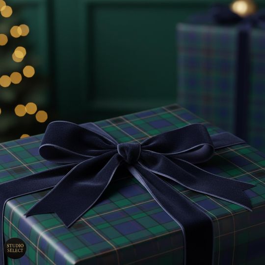 Plaid Tartan Wrapping Paper, Dark Green Gift Wrap, Purple Blue Holiday Christmas Paper