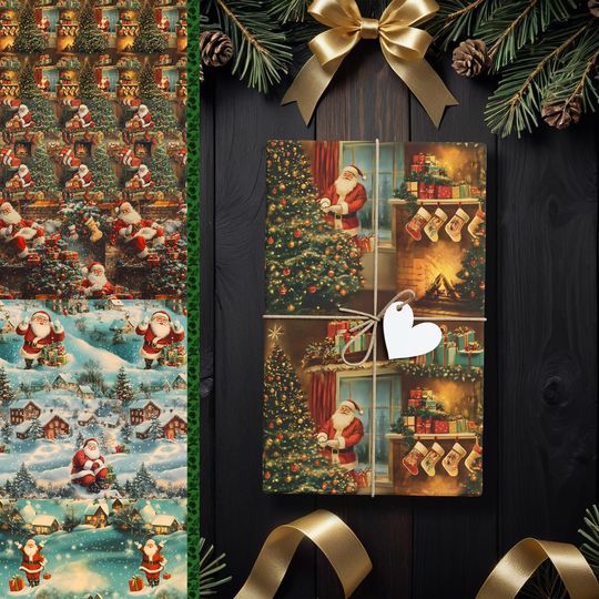 Vintage Christmas Gift Wrap, Santa Wrapping Paper with Fireplace Scene, Perfect for Kids and Family Gifts, Festive Holiday Wrapping K3