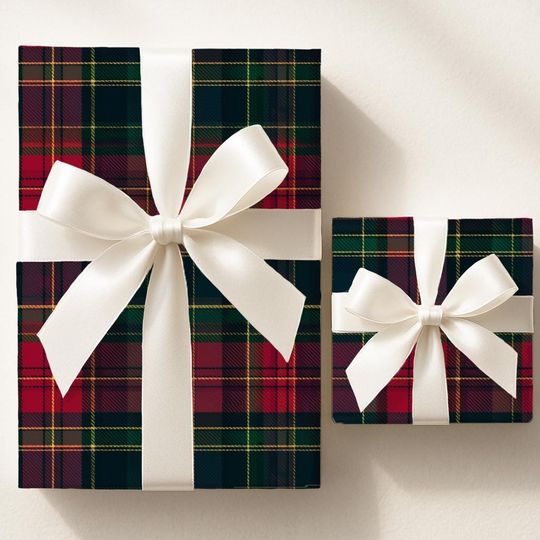 Discover Luxury Christmas Tartan Wrapping Paper, Red Green Blue Plaid Gift Wrap, Dark Christmas Gift Paper, Elegant Matte or Satin Holiday Wrap