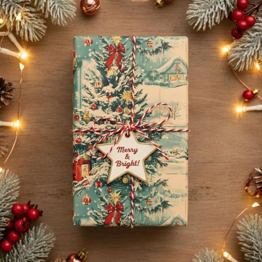 Discover Vintage Christmas Snowy Village Wrapping Paper: Retro Pine Tree Holiday Gift Wrap Roll