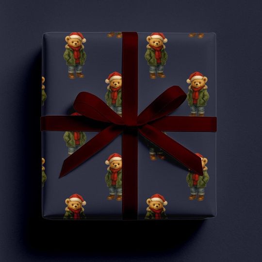 Discover Bear Christmas Wrapping Paper Roll - Santa Teddy Bear Gift Wrap, Heritage Holiday Stripes, Classic Christmas Paper