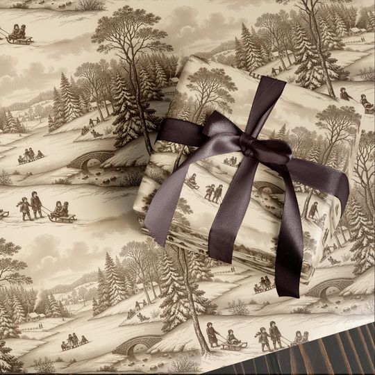 Discover Vintage Christmas Wrapping Paper | Kids Sledding & Bridge Scene | Brown Winter Holiday Wrap