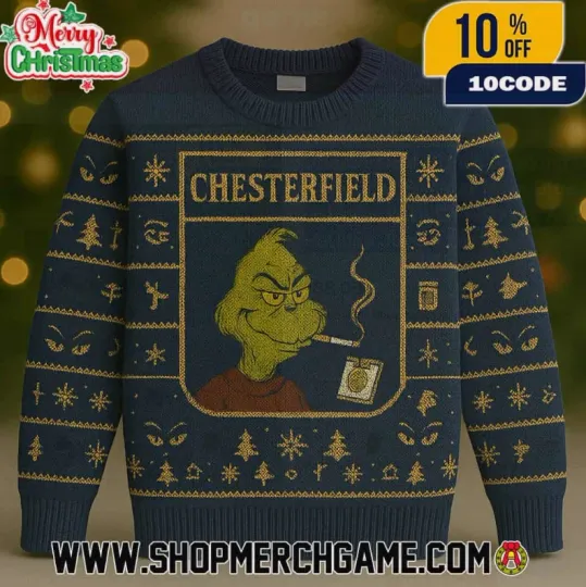 Discover 1Chesterfield funny character Smoking Ugly Christmas Sweater Navy Blue