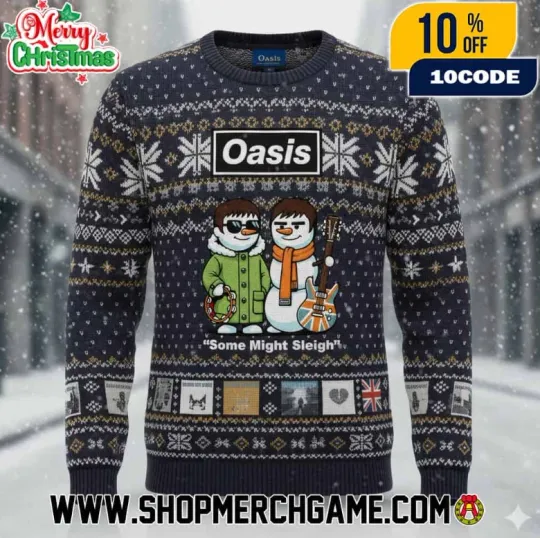 Oa*sis Some Might Sleigh Ugly Christmas Sweater Snowman Rock Band