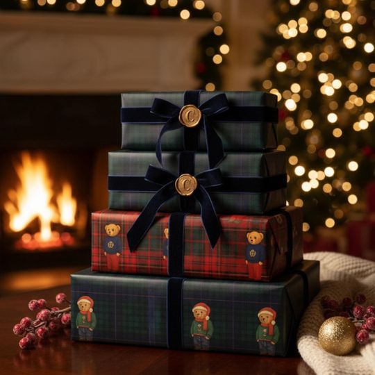 Discover Tartan Teddy Bear Christmas Gift Wrap, Red & Navy Plaid Holiday Wrapping Paper